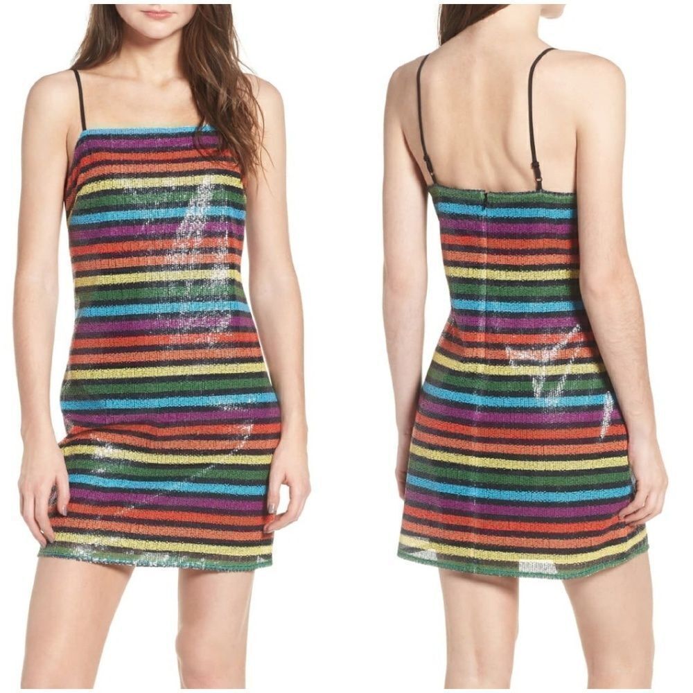 WAYF Lille Rainbow Stripe Sequin Minidress